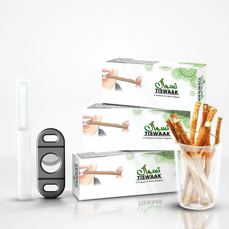 TISWAAK - Pack of 6 Miswak Sticks with Miswak Cutter Teeth Whitening Kit – Natural Herbal Toothbrush Vacuum Sealed with Holder Healthy Gums Teeth & Fresher Breath || Pack of 6